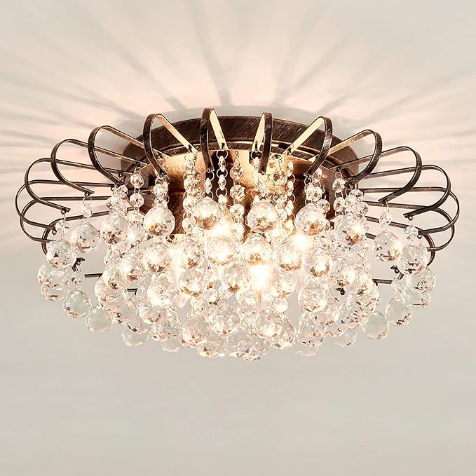 CVKASH 4-Light Crystal Floral Chandelier Modern Bronze Flush Mount Raindrop Crystal Ceiling Lighting Fixture Farmhouse Chandelier for Bathroom Living Room Bedroom Dining Room Entryway