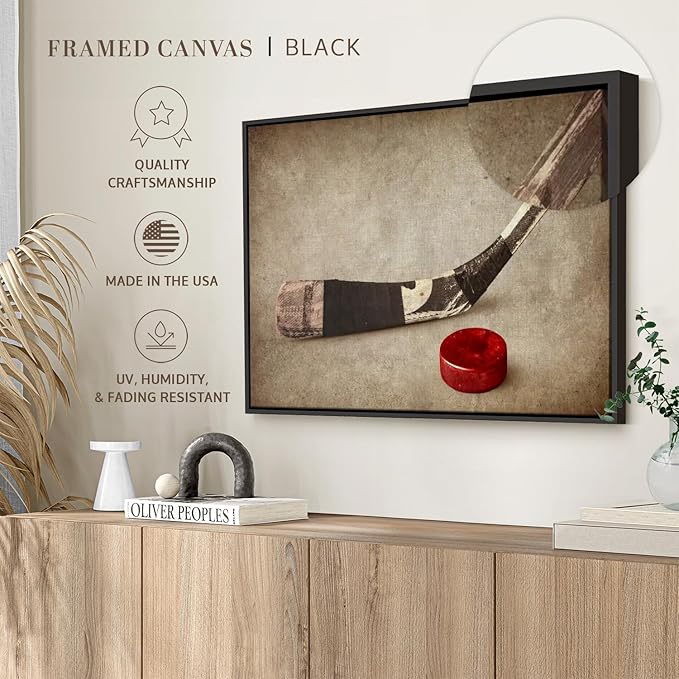 Elephant Stock Vintage Ice Hockey Wall Art - Horizontal Framed Canvas - 1-Piece Hallway Wall Decor - Photography Sports Canvas Print - Brown and Beige Decor for Wall - 40" X 27"