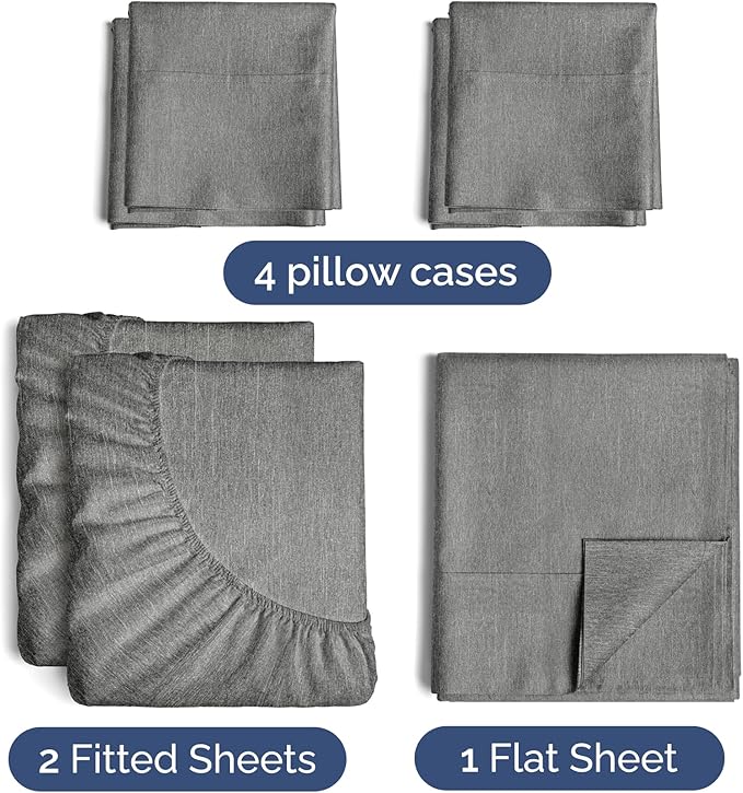 Split King Sheets Set 7 Piece - Includes 4 Pillowcases - Bed Sheets Split King - Soft Hotel Luxury Bedding - Cooling & Breathable - 1 Flat & 2 Fitted & 4 Pillowcases w/ Deep Pockets - Heathered Grey