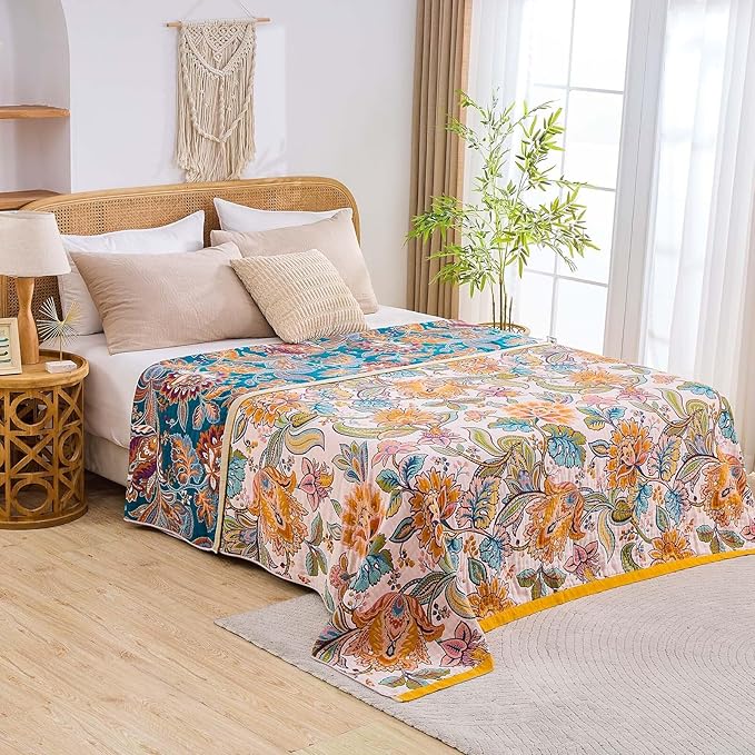 Boho Throw Blanket for Bed, 100% Cotton Soft Rustic Quilt Fall Blanket, 60"x80" Floral Printed Farmhouse Decor Bed Blankets, All Season Rustic Reversible Bohemian Throw Quilt