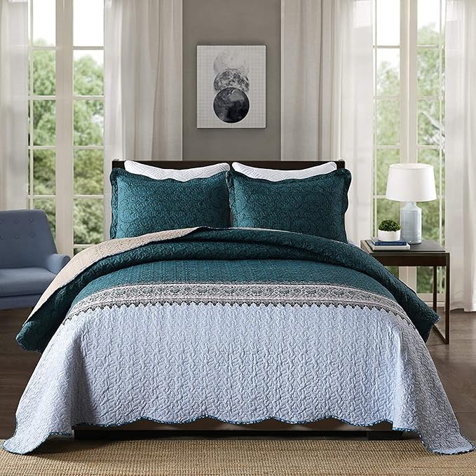 Travan 3-Piece King Quilt Set Quilted Bedspread Oversized Microfiber Soft Lightweight Bedding Set with Shams for All Season, Blue Ocean, King Size