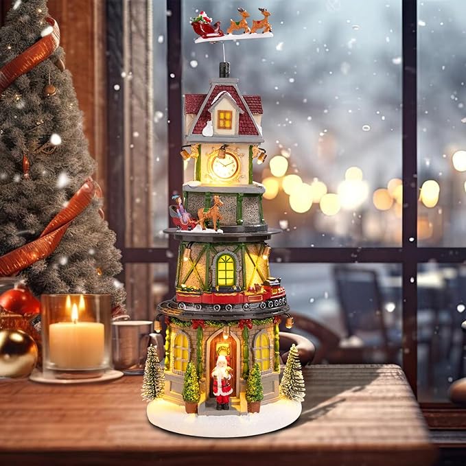 Taman Christmas Village Collectible Buildings, Clock Tower Figurine with Revolving Train Music, Warm Light Christmas Ornaments for Holiday Decorations