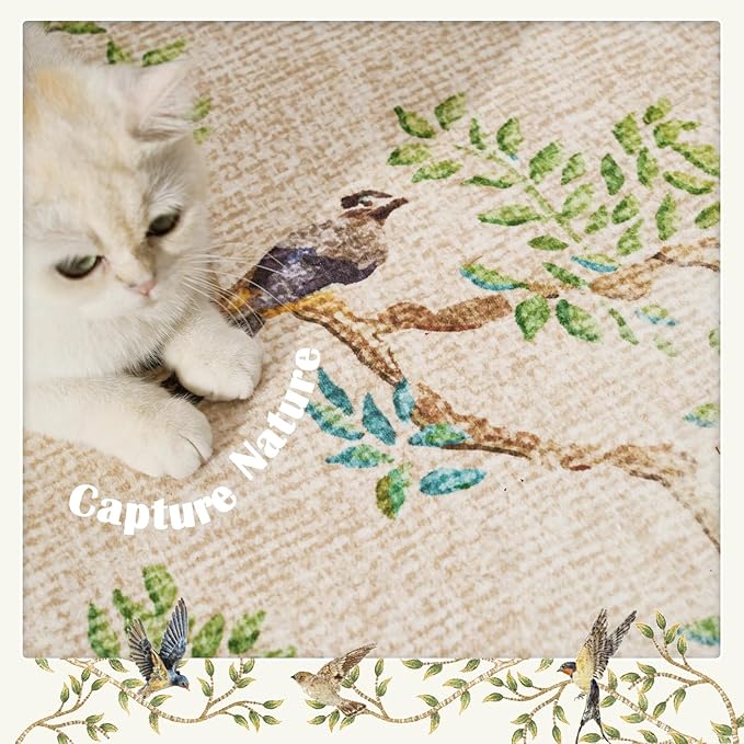 jinchan Round Rugs 7ft Beige Botanical Birds Print Machine Washable 7' Circle Nature Plants Modern Soft Non Slip Kids Throw Area Rugs Ultra Thin Low Pile Carpet for Living Room Bedroom Dining Room