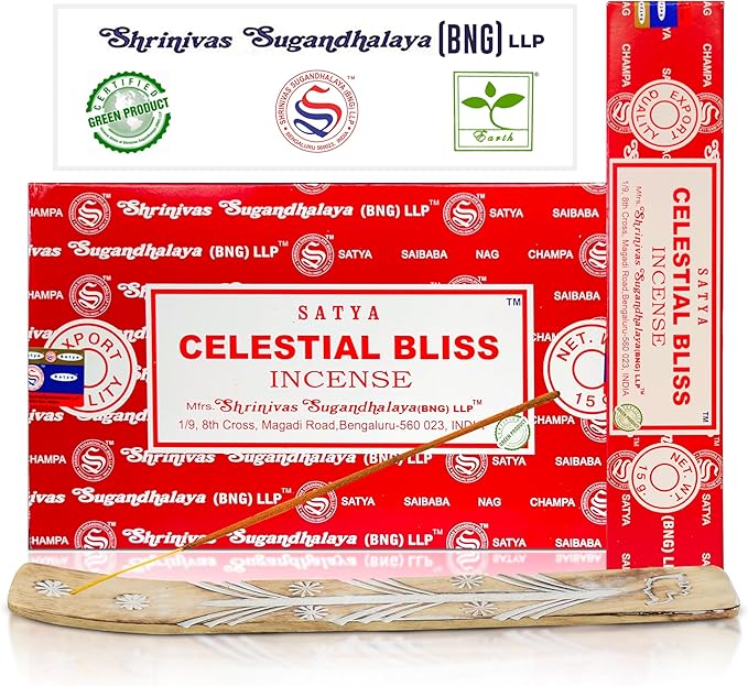 Satya Celestial Bliss Incense Sticks, Satya Bng (Bangalore) Insenses 15gmx12 Pack with Raajsee Incense Holder Bundle, Satya Nagchampa Natural Incense