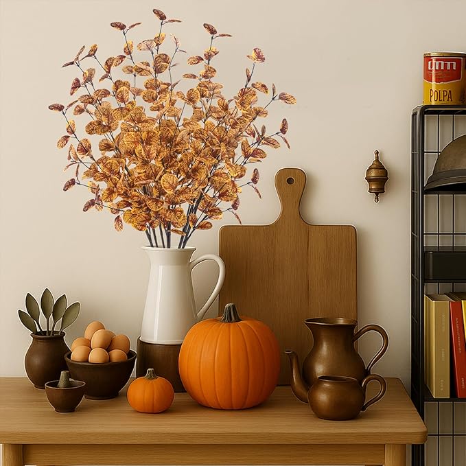 6pcs Artificial Fall Eucalyptus Stems Leaves Fall Decorations Silk Fake Eucalyptus Branches for Vase Boquets Autumn Home Wedding Table Thanksgiving Decor Yellow