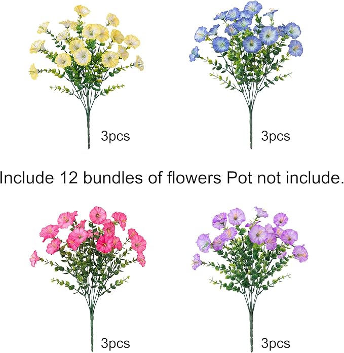 HyeFlora Artificial Flowers for Outdoors Fake Plants Outside Decoration, 12 Bundles Silk Colorful Morning Glory with Eucalyptus UV Resistant Realistic Faux Flowers for Planter Porch Patio Yard Indoor