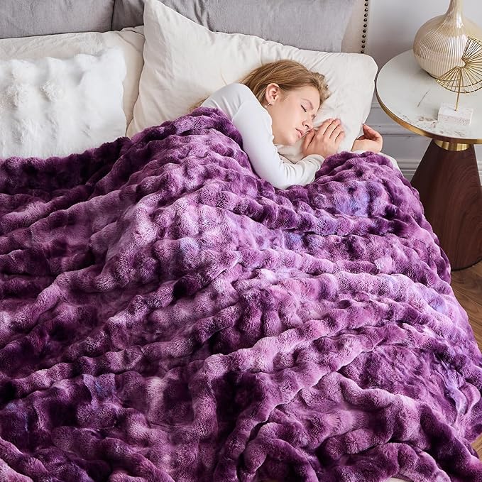NEWCOSPLAY Faux Fur Throw Blanket Tie-dye Violet Purple Luxury Fluffy Thick Warm Bubble Blanket for Couch Sofa Bed 700GSM (Tie-dye Violet Purple, Throw(50"x60"))