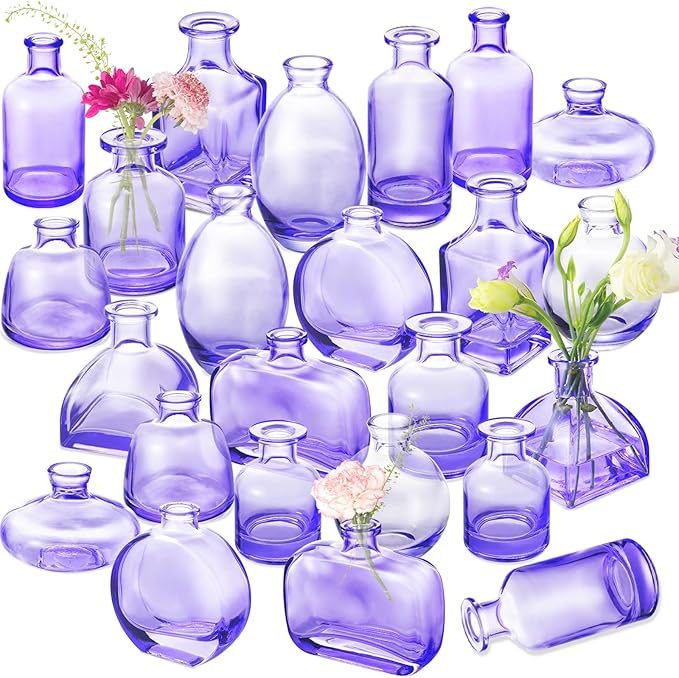 Bud Vases in Bulk 24 | Purple Glass Vase Set – Small Clear Bud Vases for Wedding Centerpieces, Floral Arrangements, Table Decor | Bulk Elegant Mini Vases for Events, Home & Party Decorations