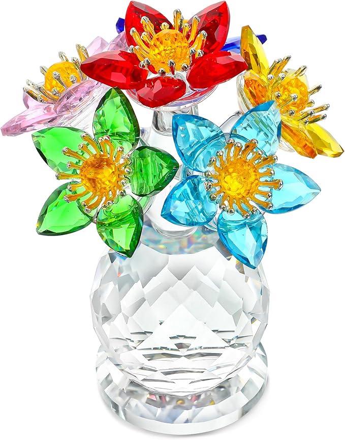 Colorful Crystal Flower Figurine with Base Multicolor Floral Home Decor Christmas Tabletop Centerpiece