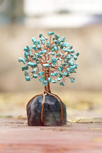 Crocon Howlite Green Turquoise Gemstone Money Tree with Fluorite Rough Wire Wrapped Base | Feng Shui Bonsai | Ornament Figurine | Chakra Balancing | Reiki Crystal Healing | Spiritual | Decor Size 5-6"