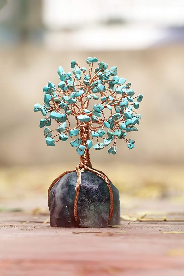 Crocon Howlite Green Turquoise Gemstone Money Tree with Fluorite Rough Wire Wrapped Base | Feng Shui Bonsai | Ornament Figurine | Chakra Balancing | Reiki Crystal Healing | Spiritual | Decor Size 5-6"