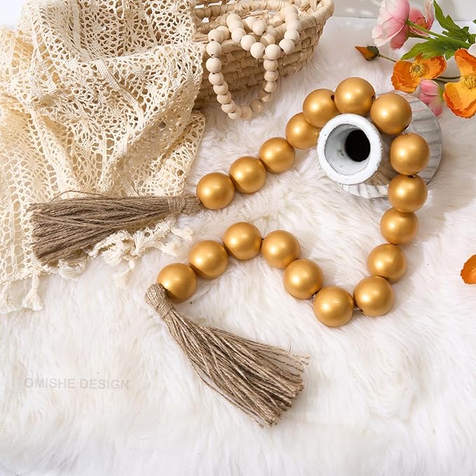 OMISHE Extra Large Wood Bead Garland Gold with 1.6" Diameter Wooden Beads and Tassels, 41" Long Rustic Farmhouse Country Decorative Beads for Home Tiered Tray Decor, Gold