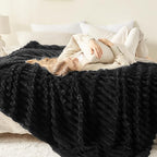 NEWCOSPLAY Super Soft Throw Blanket Black Premium Silky Flannel Fleece 3D Ribbed Jacquard Lightweight Bed Blanket All Season Use (Black Ribbed, Throw(50"x60"))