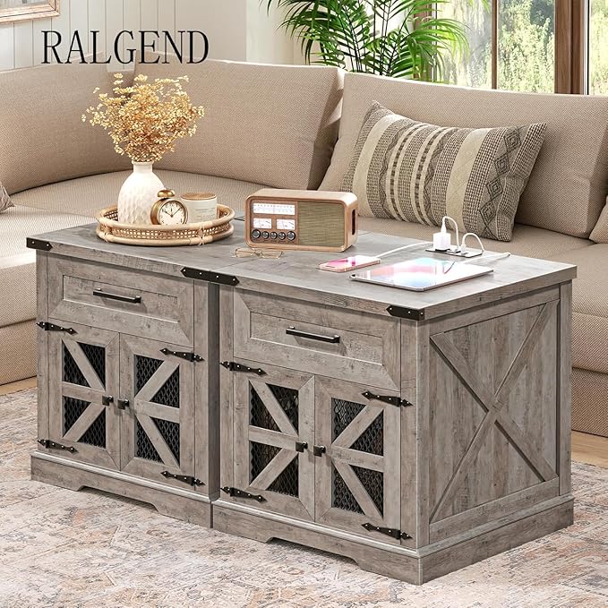 Farmhouse End Table with Charging Station, 24" Large Sofa Side Table with Drawer, Large End Table for Living Room, Wooden Nightstand with Outlet, Square, Greige