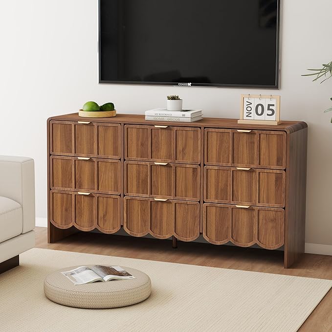 9 Drawer Dresser for Bedroom, Modern Closet Chest of Drawers with Wave Fluted Drawer, Wood Storage Small Dresser Organizer for Nursery Bedroom Living Room Hallway Closet (Walnut)