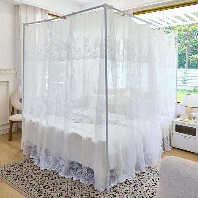 AIKASY Elegant Lace Princess 4-Poster Bed Canopy Mosquito Net - Romantic Wedding Bridal Bedroom Decor, Kids Room Bed Curtain for Women Adults - (White1,Queen)