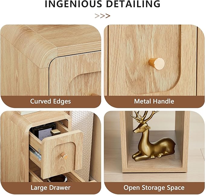 Narrow Nightstand with 2 Drawers, Small Bedside Tables, Mid-Century Modern Slim Night Stand with Storage, Wooden End Table for Small Spaces, Bedroom, Living Room (Natural-1PCS)