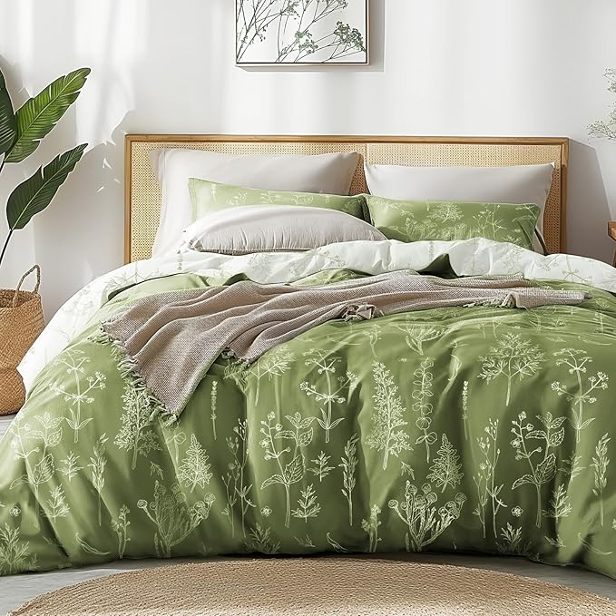 Love's cabin Olive Green King Comforter Set - King Size Comforter Set, 3 Pieces Cute Floral Bedding Sets for All Seasons,1 Soft Reversible Botanical Flowers Comforter and 2 Pillow Shams