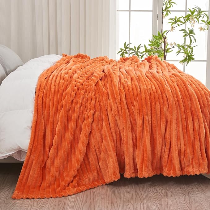NEWCOSPLAY Super Soft Fall Queen Blanket Orange Premium Silky Flannel Fleece 3D Ribbed Jacquard Lightweight Bed Blanket All Season Use (Orange Ribbed, Queen(90"x90"))