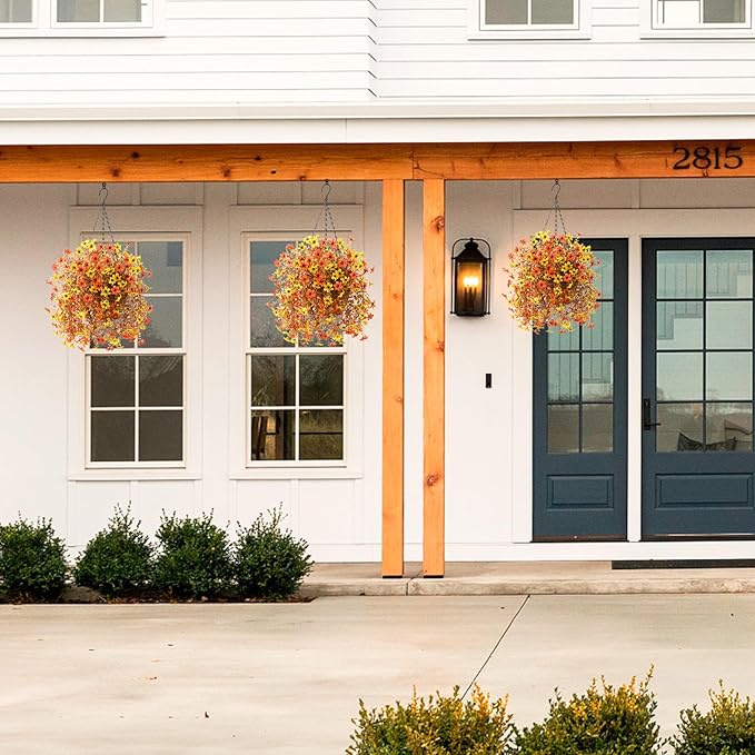Artificial Hanging Fall Flowers for Outdoors Decoration,2 Pcs Fake Silk Plant Ourdoor Daisy Realistic UV Resistant for Home Indoor Porch Patio Wall Balcony Yard(Yellow Orange)