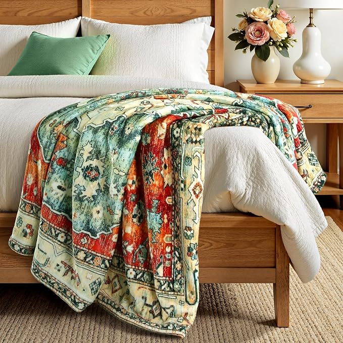Lahome Boho Red Fluffy Bed Blanket, Reversible Soft Small Blankets for Couch, Decorative Fleece Throw Blankets for Women Home Retro Decor, Red 50''x60''