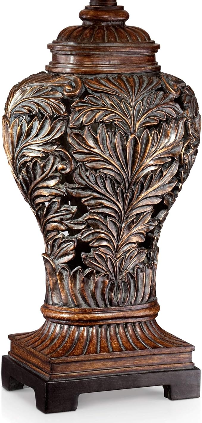 Barnes and Ivy Traditional Table Lamps 32.5" Tall Set of 2 Bronze Brown Carved Leaf Openwork Vase Tan Rectangular Shade Decor for Living Room Bedroom House Bedside Nightstand Home Office