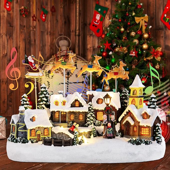 Musical Christmas Village Houses Santa Claus Sledding Reindeer Christmas Collectible Buildings LED Lights Musical Indoor Display Figurines Xmas Decoration