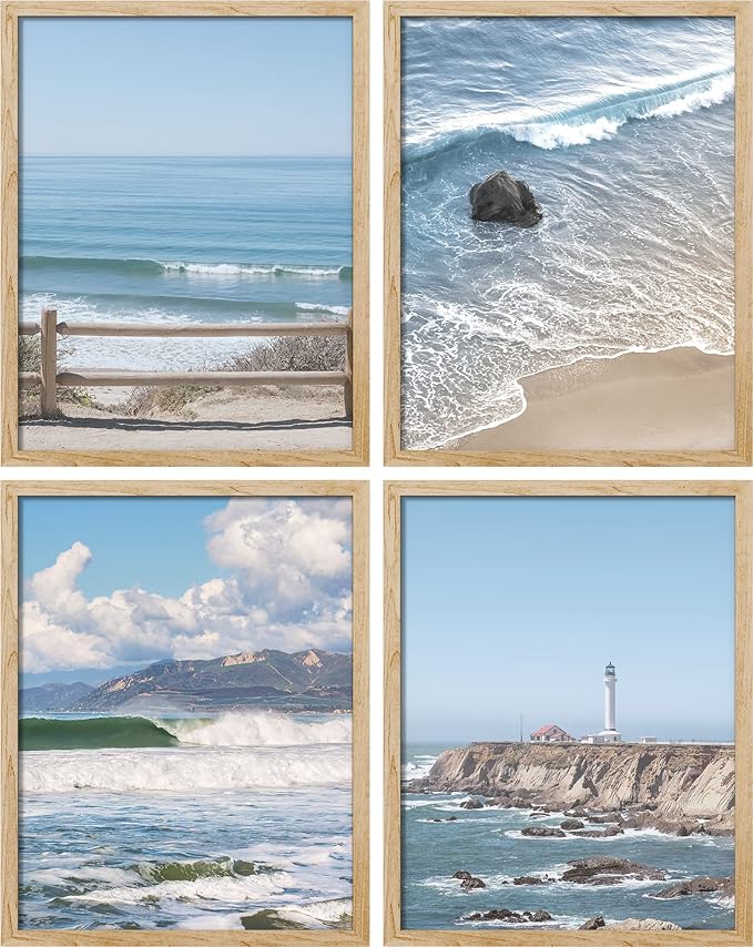 SIGNWIN Framed White Aerial View Blue Ocean Wave Beach Shore Wall Art, Set of 4 Landscape Colorful Wall Decor Prints, Nature Wilderness Wall Décor for Living Room, Bedroom - 11"x14" Natural