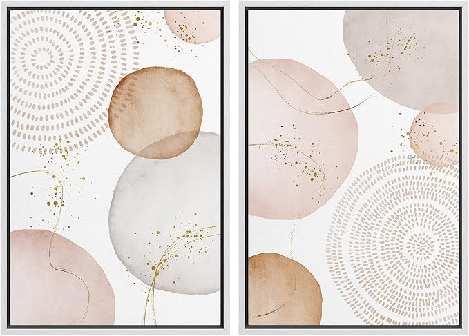SIGNFORD Framed Wall Art Print Set Pastel Pink Gray Watercolor Circles Abstract Shapes Illustrations Modern Minimalist Relax/Calm Multicolor for Living Room, Bedroom, Office - 24"x36"x2 White