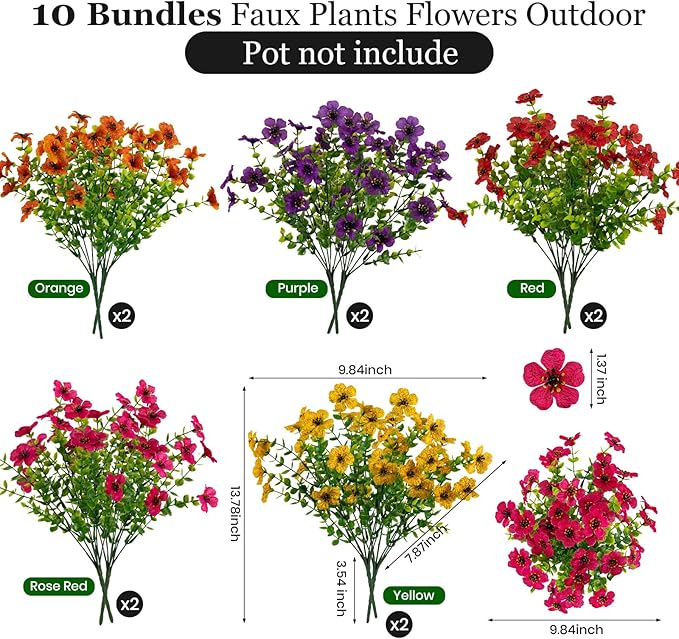 10 Bundles Artificial Faux Flowers for Outdoor,10Pcs Fake Flowers for Home Decor,Plastic Flowers Shrubs Lifelike Artificial Greenery Home Porch Stems Outside Decor(Mix)