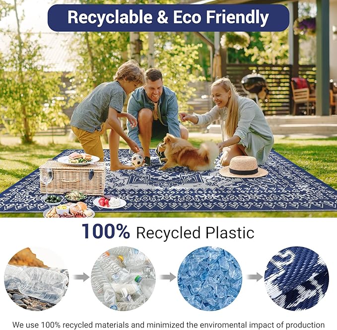 GAOMON Large Outdoor Plastic Straw Rug 10x14 Waterproof Patio Rug Reversible Foldable Portale Camping Mat with Stakes & Bag, Vintage Boho Outside Carpet for RV Garden Deck Porch, Navy