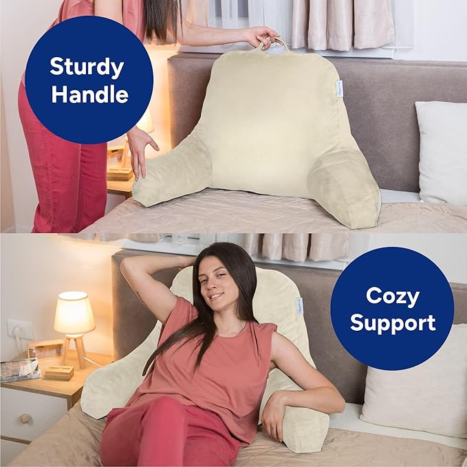 ComfortSpa Reading Pillow for Bed Adult Size, Back Rest Pillow with Arms, Pockets and Washable Cover; Use as a Back Pillow for Sitting in Bed for Bedrest or Relief from GERD Heartburn (X-Large Cream)