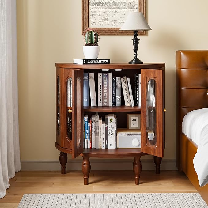 31'' Sideboard Buffer Cabinet with Storage, Semi-Circle Modern Accent Storage Cabinet with Wooden Finish & Acrylic Doors, Console Table for Living Room Entryway Hallway (Walnut)