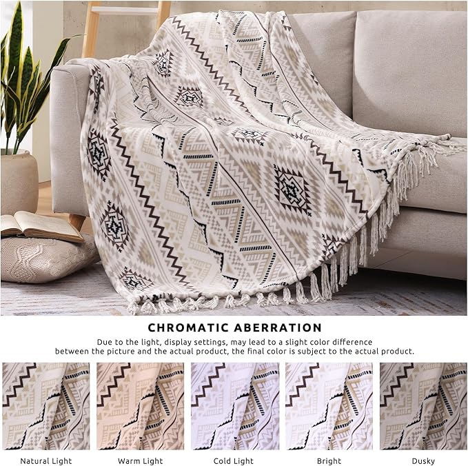 CASAAGUSTO Boho Throw Blanket - Beige and Gray Decorative Blankets with Tassel, Printed Flannel Bohemian Blanket for Chair, Bed, Sofa, Couch(50 * 60, Beige and Gray)