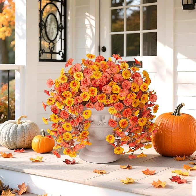 Ivydale 2 PCS Artificial Fall Hanging Flowers Fake Petunias Outdoor, Silk Faux Morning Glory Flowers with Eucalyptus,UV Resistant Realistic Mums Plants for Home Garden Decor (Fall Orange+Yellow)