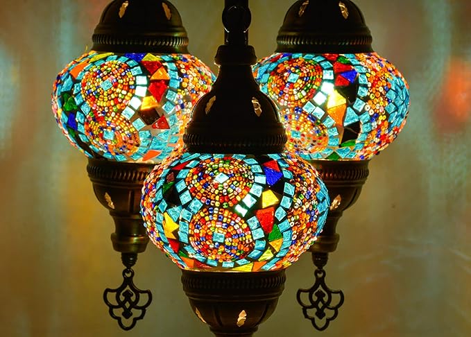 Mozaist Turkish Mosaic Lamp with Bulb – 3 Globe Tiffany-Style Moroccan Table Light (Multi-Colored)