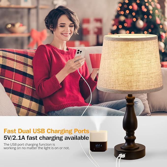 Table Lamps Set of 2, Bedside Nightstand Lamps with USB Charging Ports, 3 Way Dimmable Touch with Linen Fabric Lampshade, Modern Small Lamp for Bedrooms, Living Room (Bulbs Included)