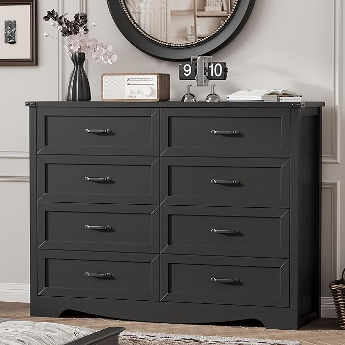 Dresser for Bedroom with 8 Drawers, 48" Wide Wood Chest of Drawers with Deep Drawers & Mental Handle, Modern Dresser TV Stand, Wooden Closet Storage Organizer for Living Room, Hallway, Entryway, Black
