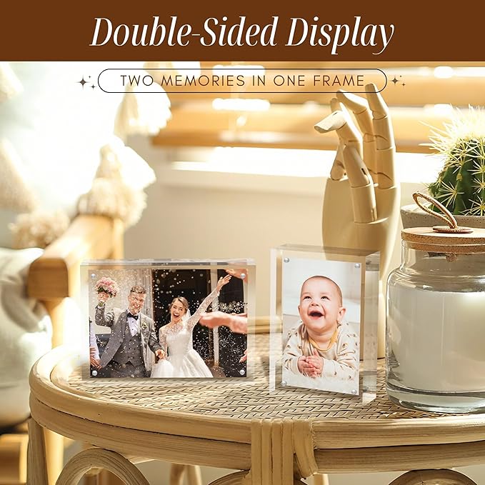 CATIFLIN 4x6 Magnetic Acrylic Frames 2 Pack, Double Sided Clear Frameless Picture Frame Blocks, 20mm Thick Photo Frames Free Standing Display for Family Photos, Certificates, Office, Artwork