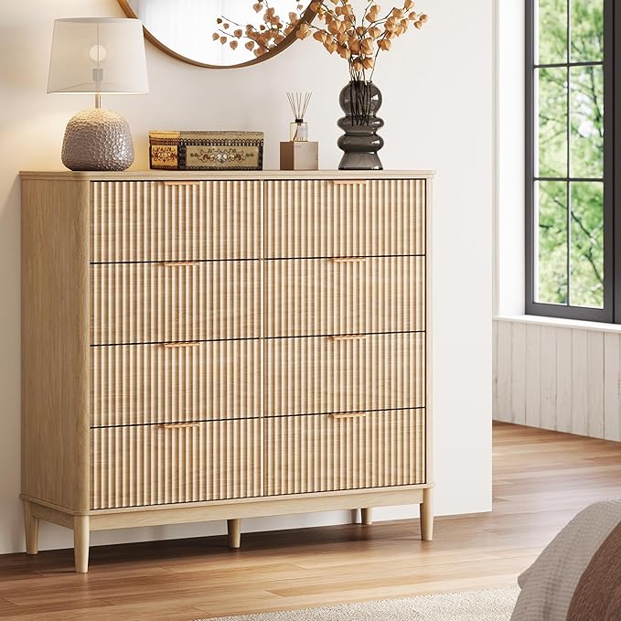 LINSY HOME Fluted Dresser for Bedroom with 8 Drawers, 47" Wide Mid Century Modern Dressers, Tall Boho Chest of Drawers, Large Wood Accent Storage Cabinet for Living Room, Curved Profile Design, Oak