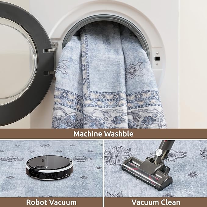 AMOAMI-Vintage Area Rug 3x5 Blue Rugs for Living Room-Soft Washable Rug Non Slip Entryway Rug Indoor Vintage Throw Accent for Bedroom Laundry Room Dining Bathroom Bedside