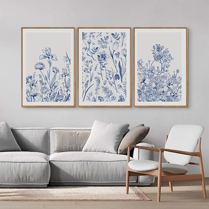 SIGNINART Classic Chinoiserie Framed Canvas Wall Art Set, Blue and White Floral Art Painting, Minimalist Botanical Flower Artwork, Navy Blue Wall Decor for Bedroom, Living Room, Office 16"x24"x3