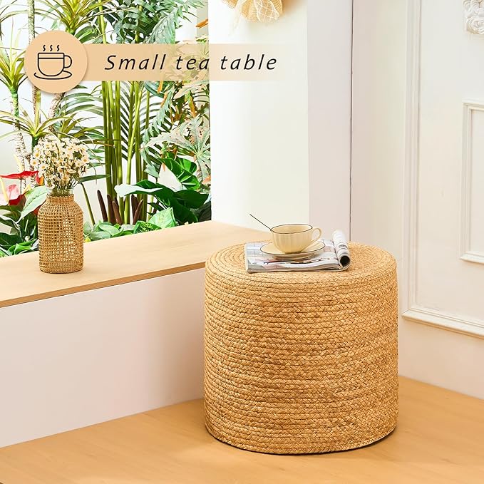 Handwoven Ottoman Pouf, Natural Water Hyacinth Footstool, Round Braided Outdoor Seat with Sturdy Frame, Boho Accent Stool for Patio, Balcony, or Garden (Natural)