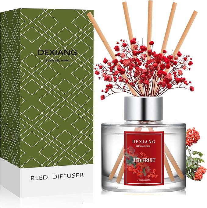Reed Diffuser Set - 3.38oz (100ml) Red Fruit Scent Essential Oil Air Freshener with 6 Reed Sticks| Long-Lasting Aromatherapy for Home, Bathroom, Office Decor