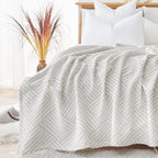 jinchan Boho 100% Cotton Blanket Muslin Twin Size 60x80 Inches Lightweight 3-Layer Geometric Square Pattern Reversible Quilt Throw Soft Breathable Comfy All Seasons for Couch Bed Decor, Light Grey