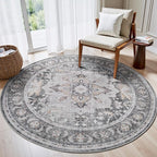 5 ft Round Rugs for Living Room Bedroom Rug Circle Area Rug for Dining Room Table Throw Neutral Vintage Circular Rugs Washable Soft Comfortable Grey