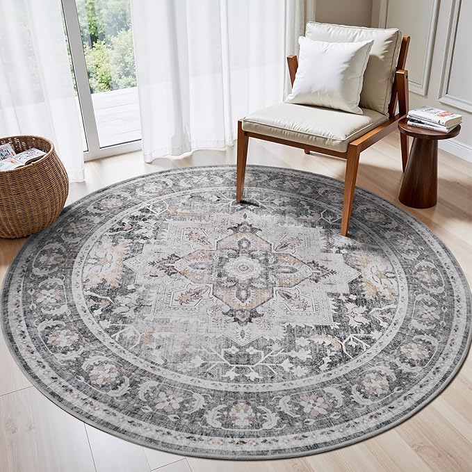 5 ft Round Rugs for Living Room Bedroom Rug Circle Area Rug for Dining Room Table Throw Neutral Vintage Circular Rugs Washable Soft Comfortable Grey