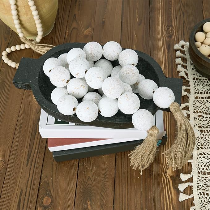 OMISHE 60" Long Extra Large Wood Bead Garland with 1.6" Diameter Wooden Beads and Tassels, Rustic Farmhouse Country Decorative Beads for Home Tiered Tray Decor, Rustic White