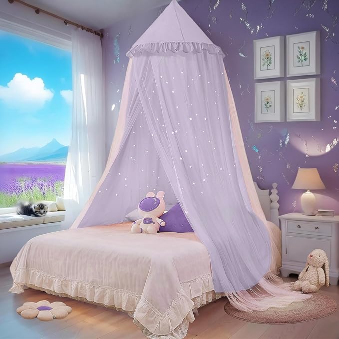 Eimilaly Princess Bed Canopy for Girls, Double Layer Canopy with Cutout Stars, Breathable Dream Canopy & Washable Purple Fabric, Fits Twin/Full Bed - Fairy Bed Tent for Kids Room Decor, Purple