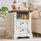 Farmhouse Nightstand with Charging Station, 18" End Table with 2 Drawers Storage, Wood Side Table w/Roman Column, Bedside Cabinet for Bedroom, Living Room, Antique White